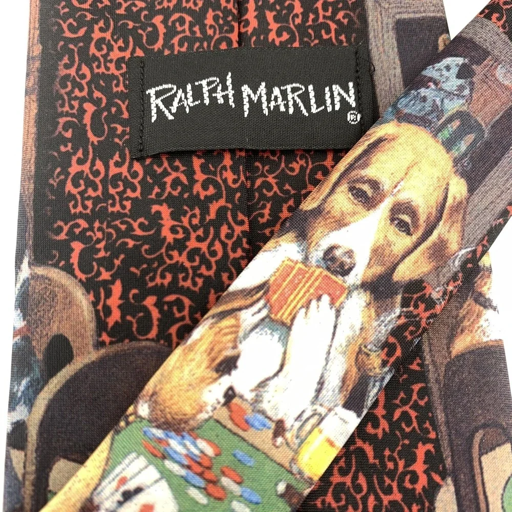 Vintage Ralph Marlin Mens Tie Black Dogs‎ Playing Poker Scene Poly Necktie USA